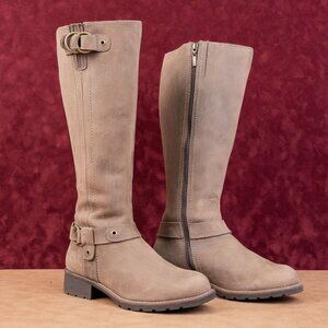 Clarks Women Orinoco Tall 3 Grey Stone Leather Riding Strap Knee Boots sz 9